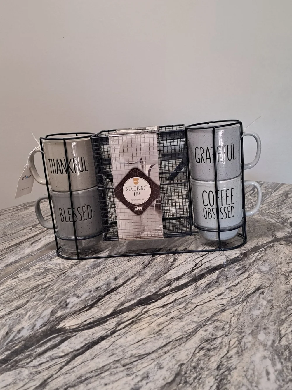 Stacking Ceramic Coffee Mug Set with Metal Carrier